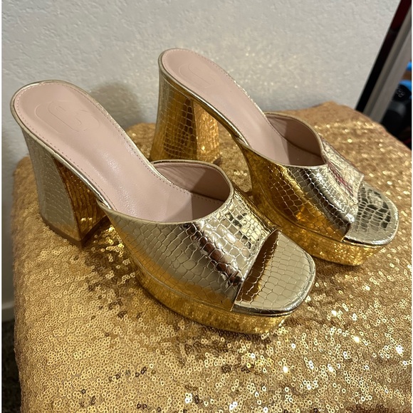 Gold Crocodile Embossed Chunky Platform Mules 4 inches size 40 - Picture 6 of 14